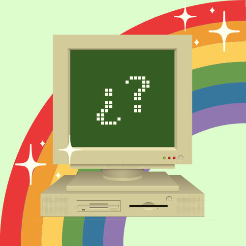 A logo depicting a clunky 90s desktop monitor. The screen has an inverted question mark and a regular question mark in a pixel font. In the background is a cartoony rainbow and white sparkles.